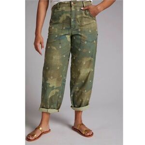 Anthropologie Pilcro The Forager Embroidered Pants Peace Sign Camo Size 24